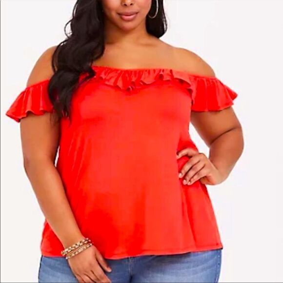 torrid Tops - TORRID Super Soft Knits Women's Tank Top Plus Size 1 Orangeish-/Red Ruffle Neck